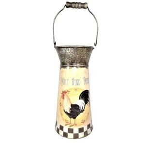 Early Bird Diner Rooster Vase Rustic Milk Can Style Tin Metal Wood Handle Checks